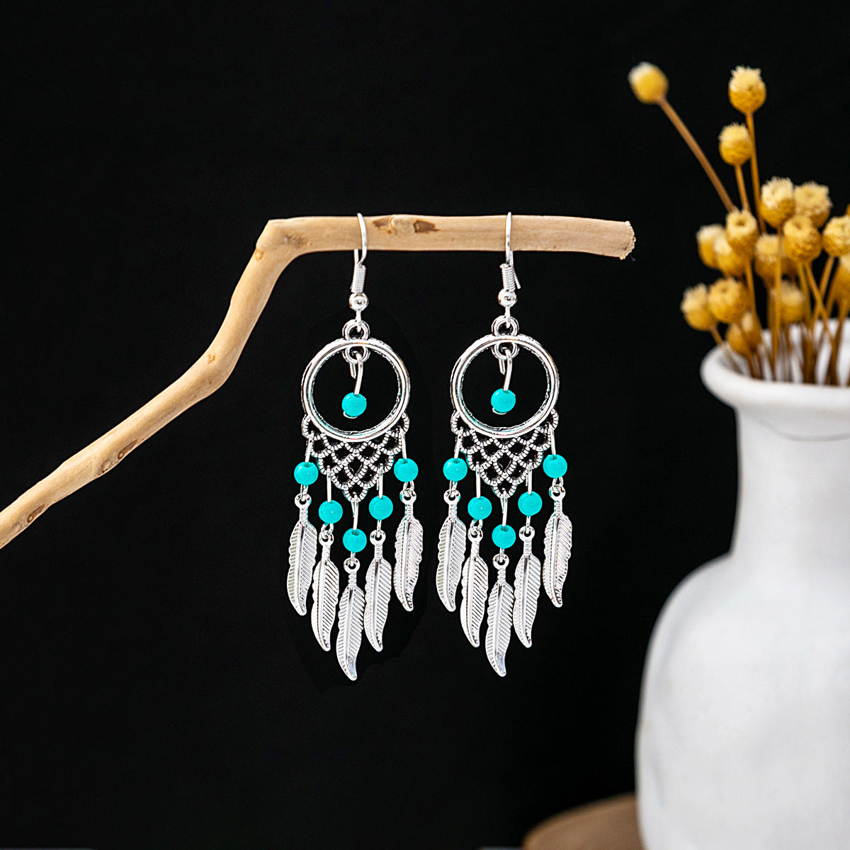 Wholesale Bohemian Ethnic Style Feather Tassel Alloy Earrings