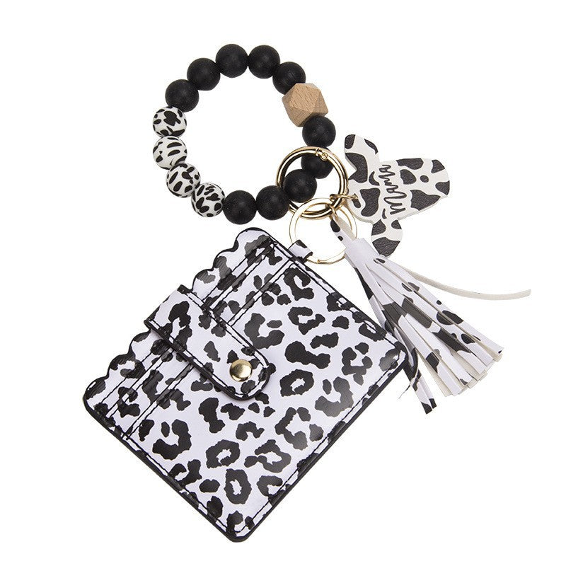 Wholesale Leopard Print Silicone Bead Bracelet Card Holder Ox Head Wood Chip Keychain