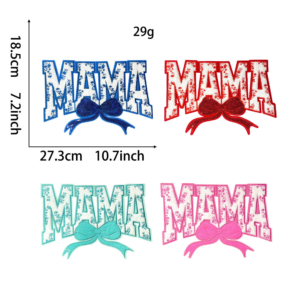 Wholesale Modern MAMA Bow Embroidered Patch Large 28Cm Blue Sequin Applique For Coat Fashion Accessory Resale