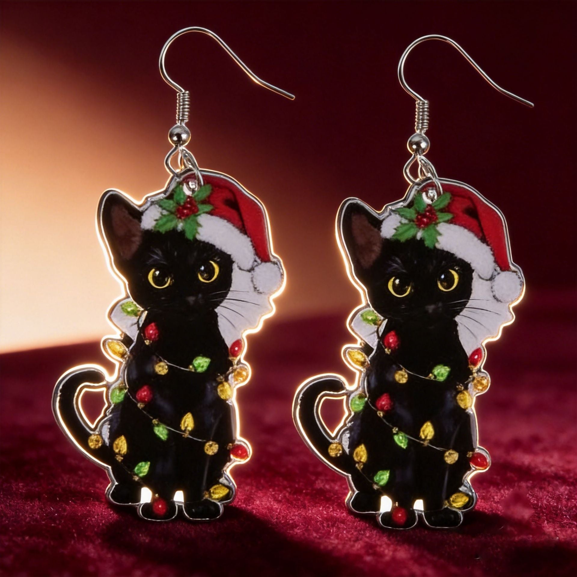 Wholesale Cute Black Cat Earrings With Christmas Hat And Colorful Lights Acrylic Jewelry Accessory For Holiday Party