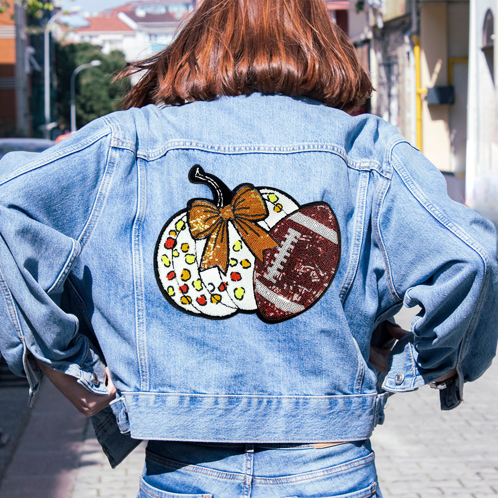 Wholesale DIY Sequined Pumpkin Football Applique Patch For Coats Bags Hats Stylish Craft Supply