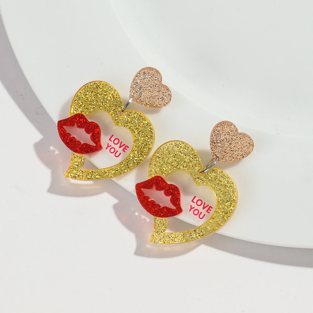 Wholesale Valentine's Day Letter Pendant High-grade Earrings Peach Heart Love Festival Sweet Wind Glitter Yak