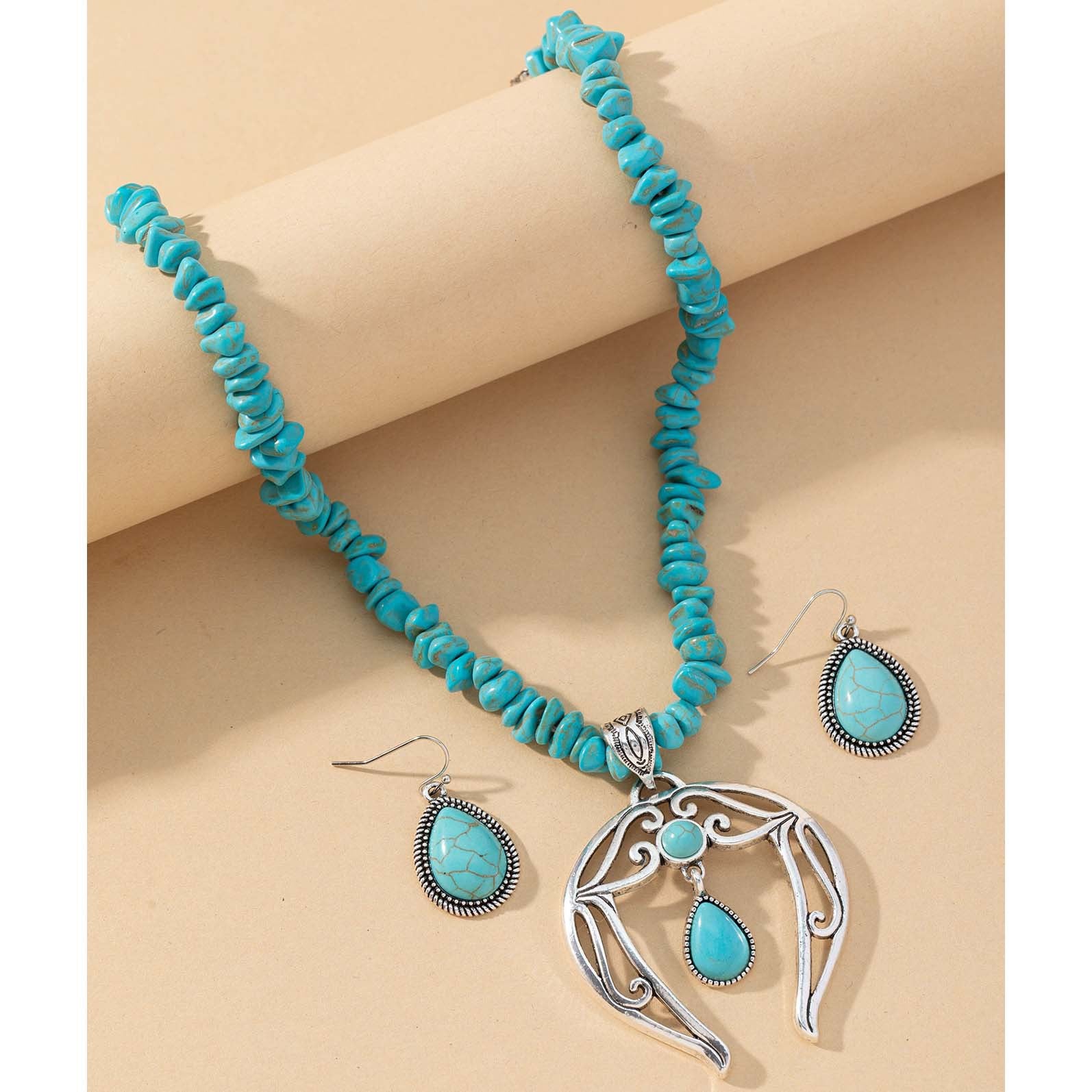 Wholesale Western style exaggerated retro teardrop necklace turquoise earrings necklace