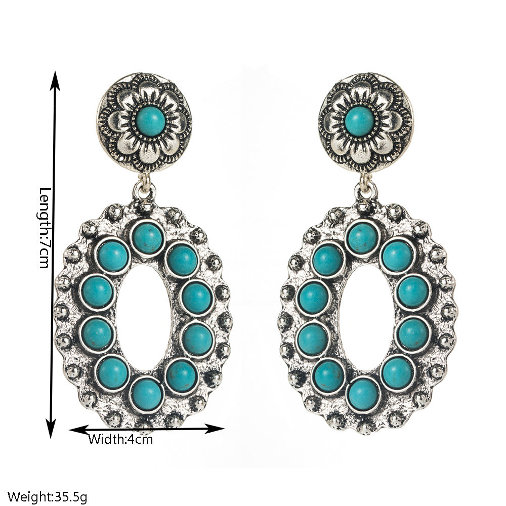 Wholesale Retro Western Turquoise Inlay Alloy Earrings Hollow Flower Design For Women Fashion Accessory