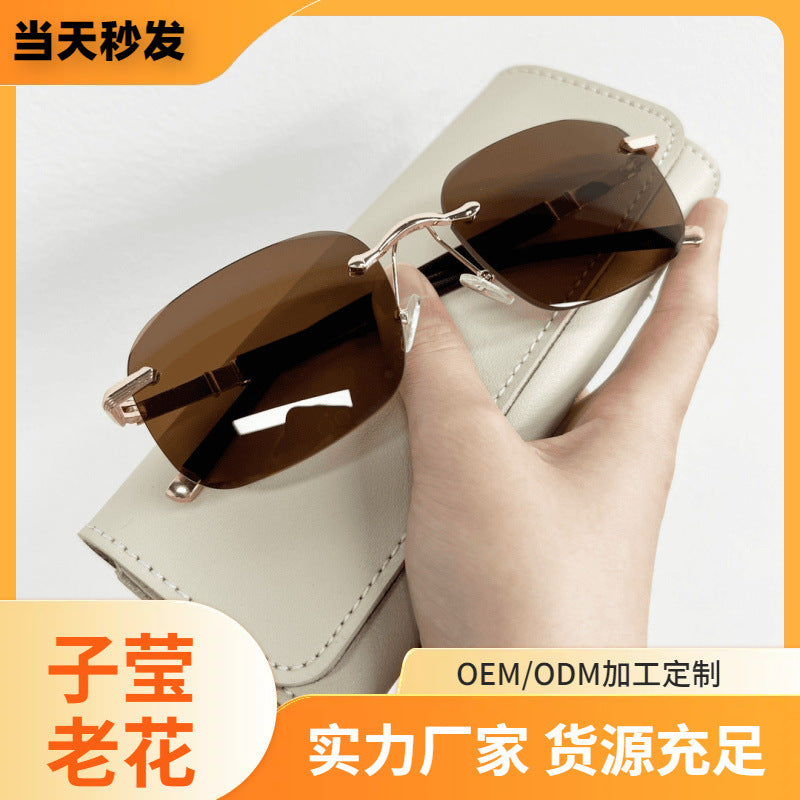 Wholesale Gold Frame Tea Pieces  Tone Red Anti-ultraviolet New Frameless Cut Edge Sunglasses