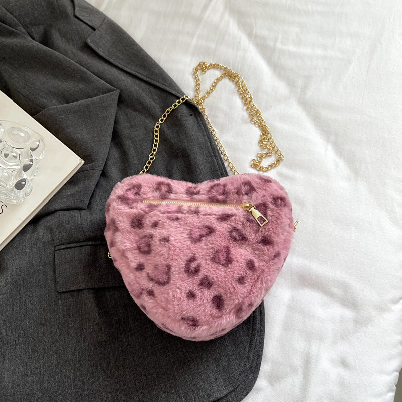 Wholesale Leopard Print Plush Heart Crossbody Bag