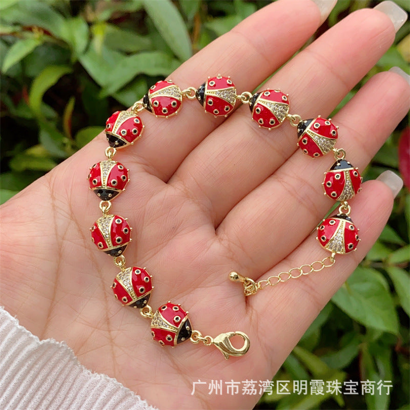 Wholesale  Copper Plated 18k Gold Cute Style Cherry Ladybug Bracelet