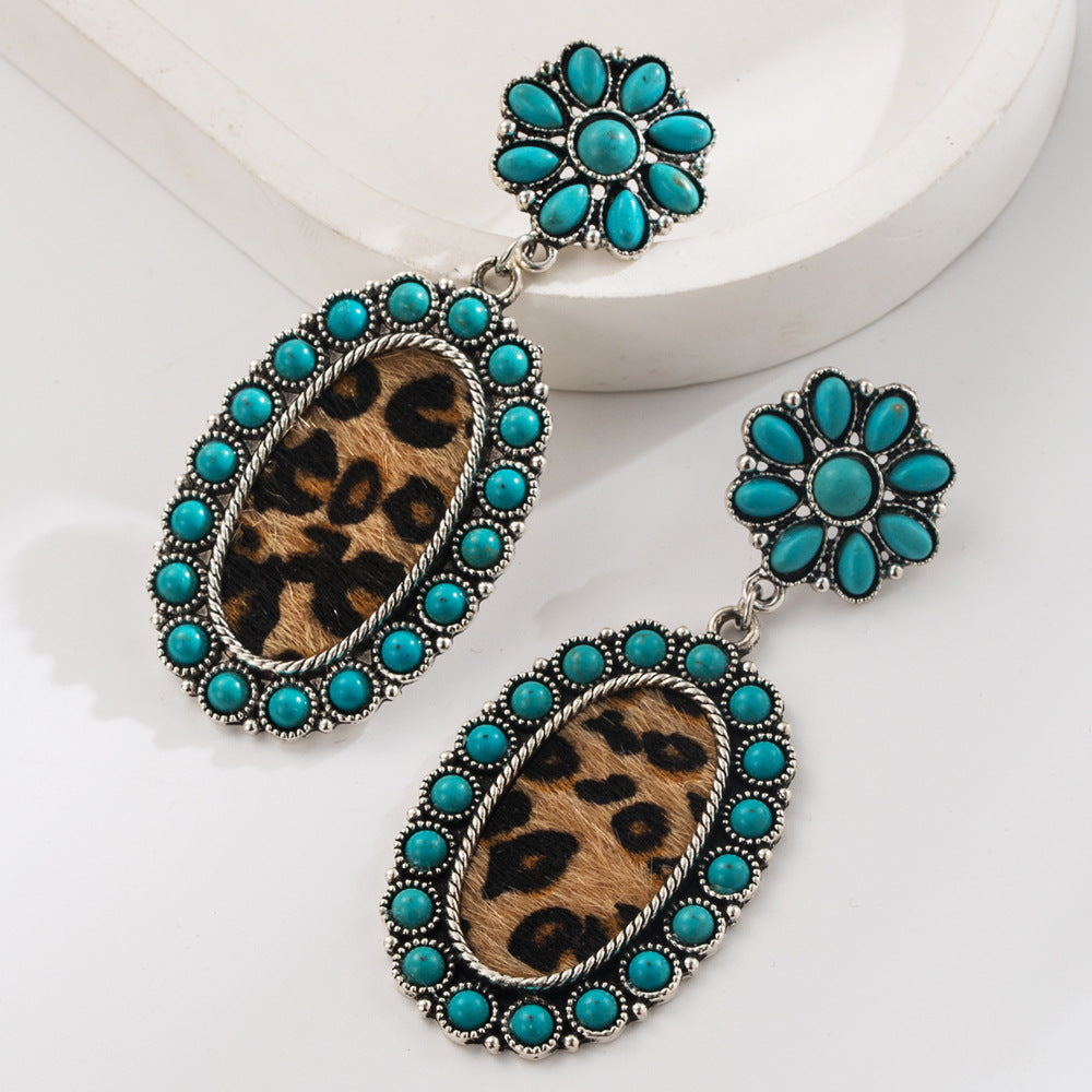 Wholesale Turquoise-set leopard print leather earrings