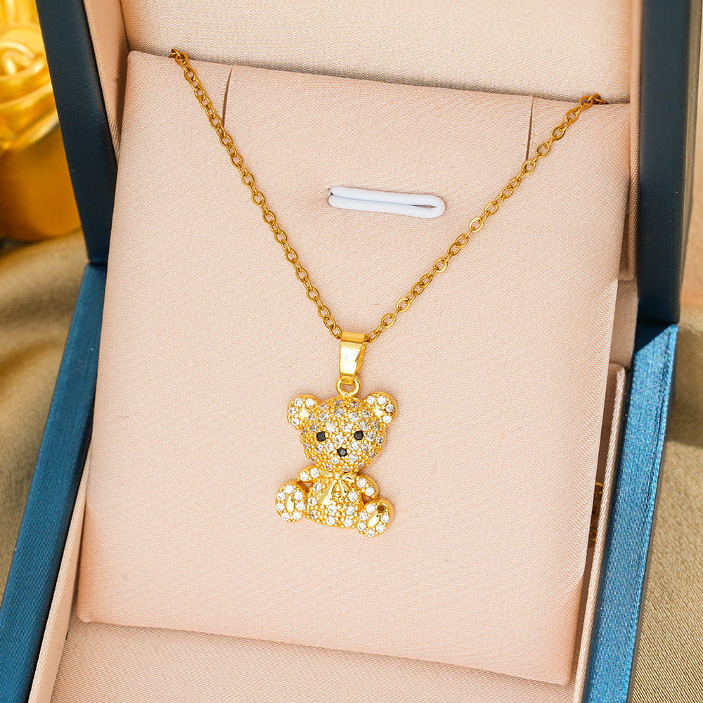 Wholesale Personalized three-dimensional bear titanium steel full diamond necklace