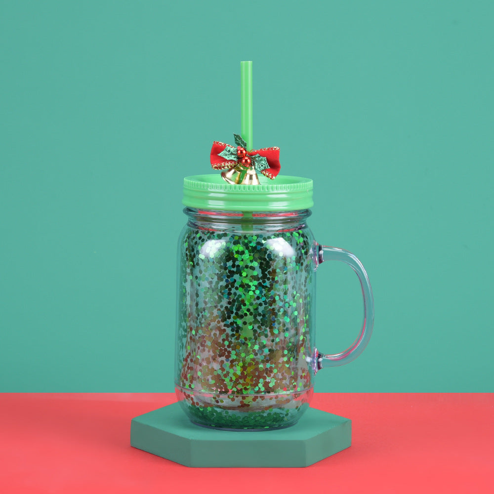 Wholesale  Glitter Plastic Canned Cup with Handle Double Layer Plastic Mason Cup