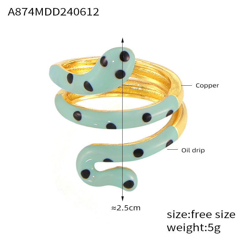 Wholesale Bohemian style color oil drop snake copper ring ins sweet cool hot girl open finger ring color retention in stock supply