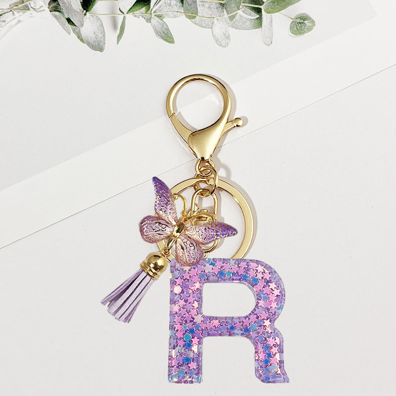 Wholesale Pink sequined butterfly 26 letter Sequin Keychain