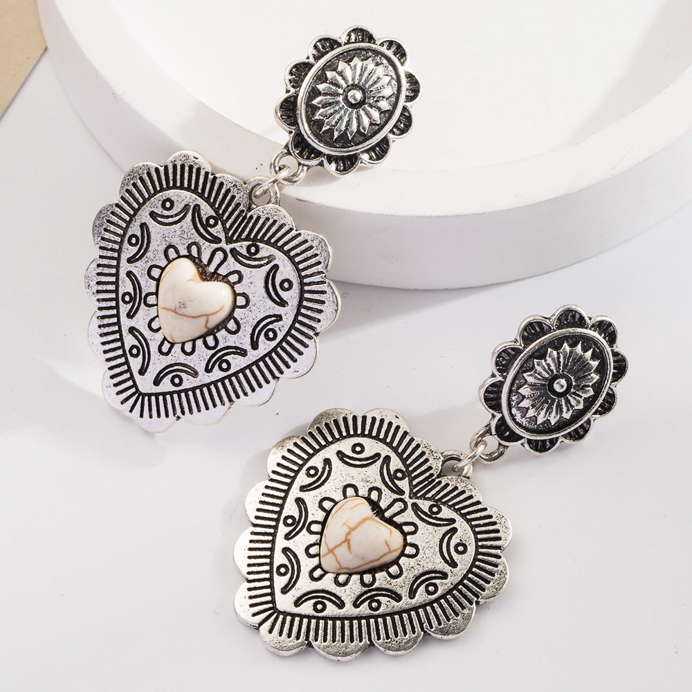 Wholesale Exaggerated turquoise retro heart earrings