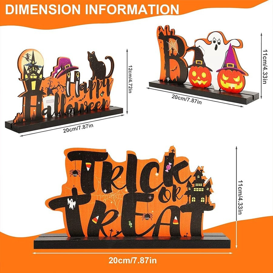 Wholesale 3pcs/pack black letter orange wooden ornaments with base