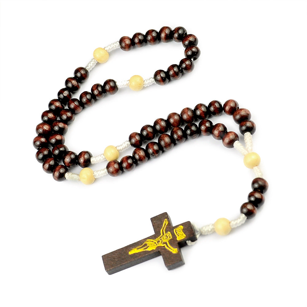 Wholesale Natural Wood Cross Rosary Braided 8mm Wooden Beads Necklace
