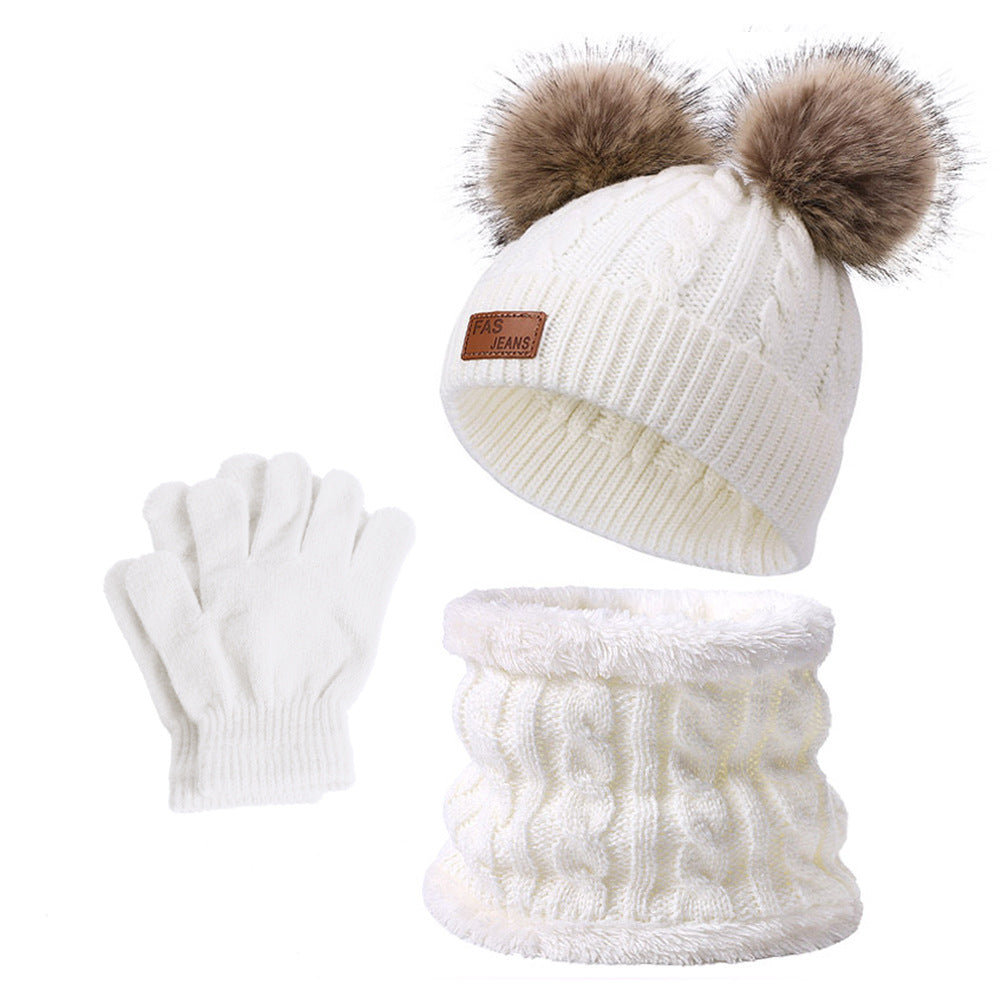 Wholesale Winter Baby Infant Child Warm Plus Velvet Thickened Scarf Pompom Hat Two-piece Set