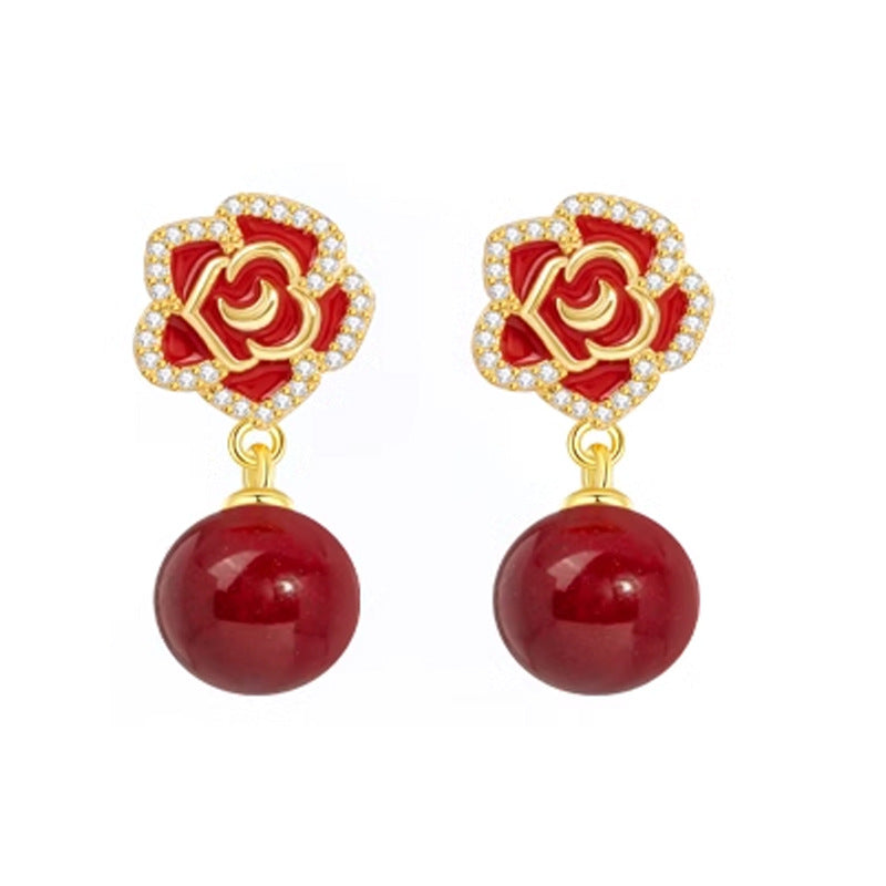 Wholesale Red rose pearl earrings silver needle long earrings