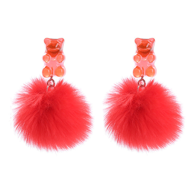 Wholesale Bear Candy Color Fur Ball Earrings