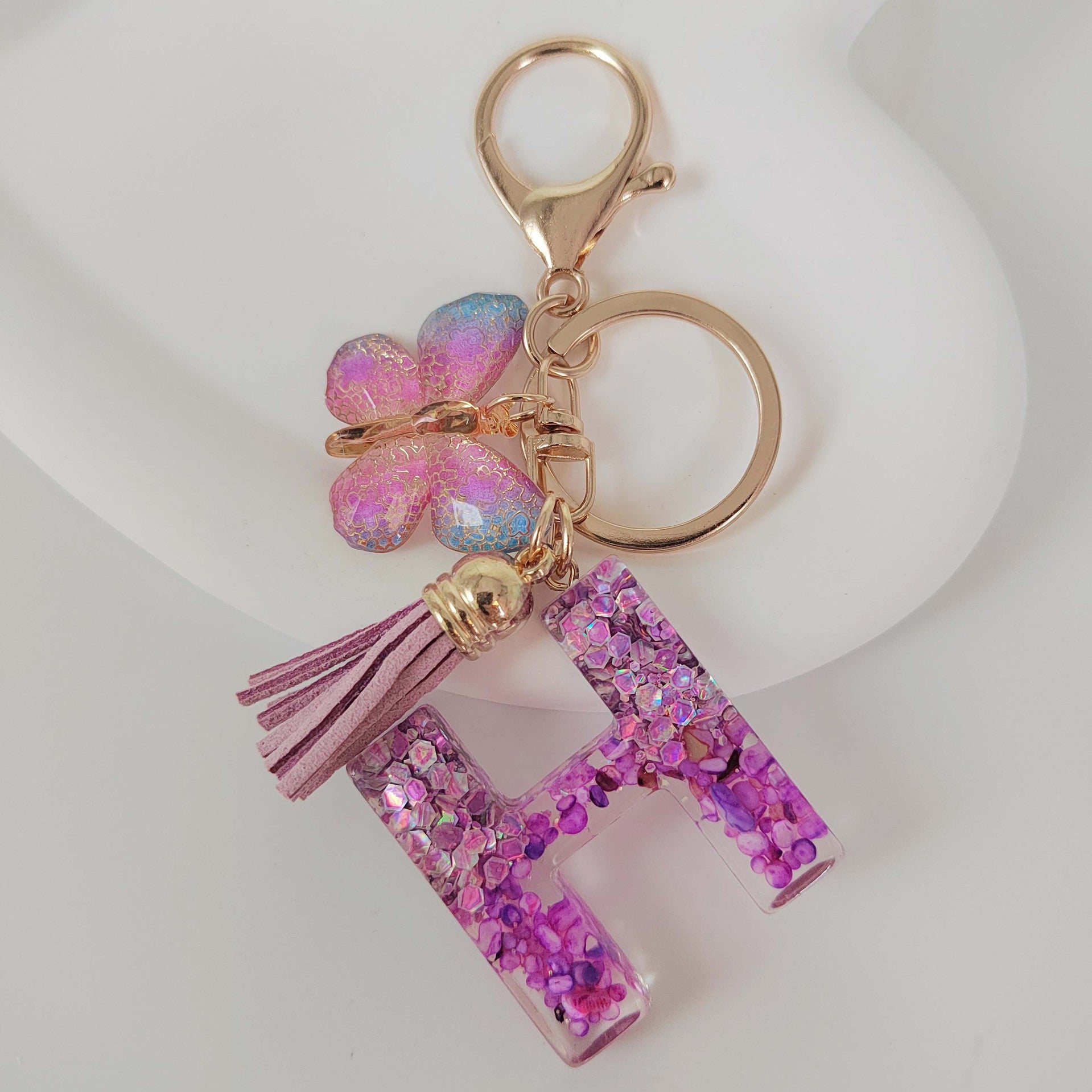 Wholesale Purple Illusion Color Double Glue Letter Glitter Tassel Keychain