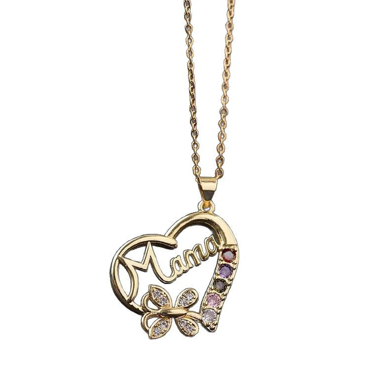 Wholesale Heart-Shaped Colored Diamond Mom Necklace Mother' s Day Gift Mom Letter Necklace