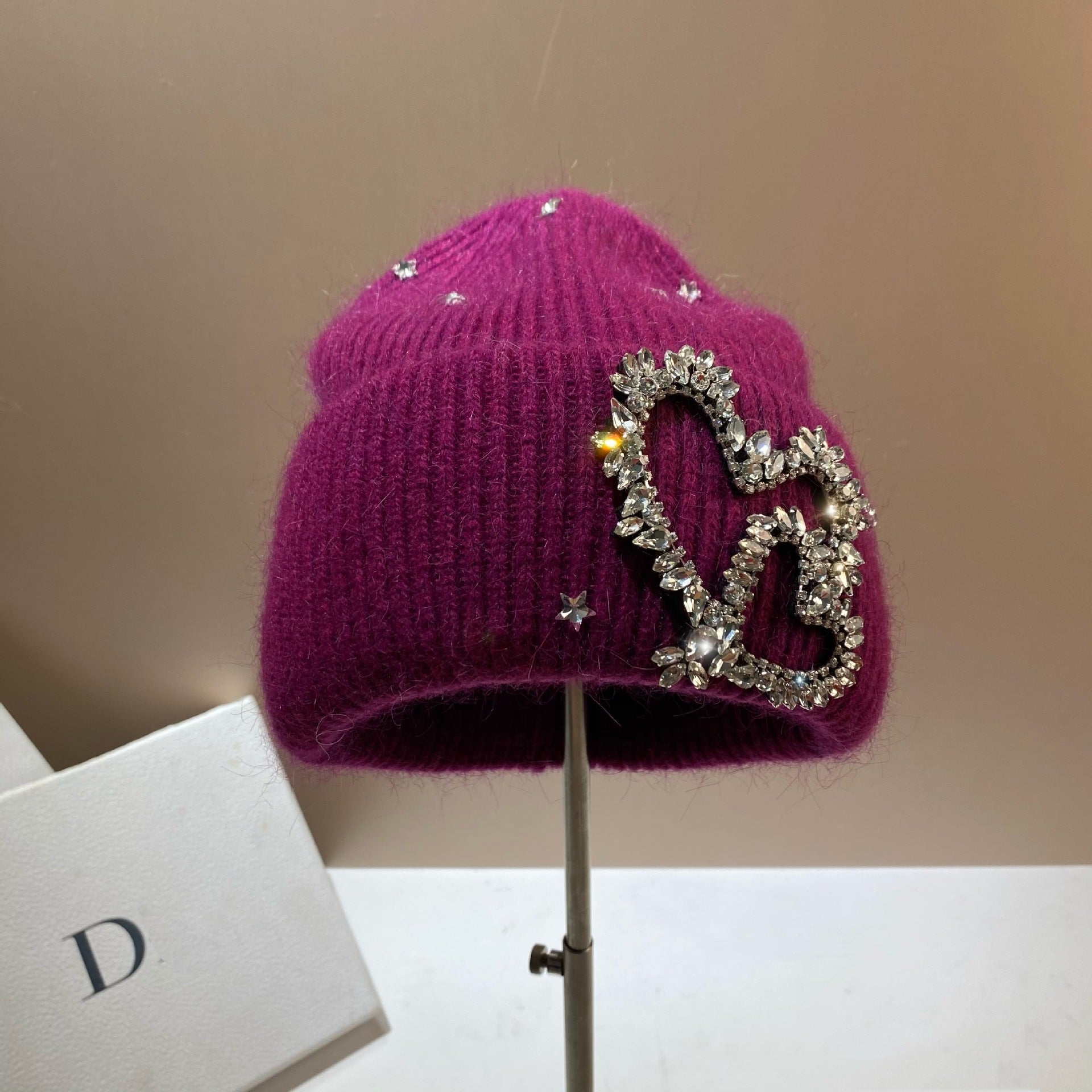 Wholesale Heavy Industry Rhinestone Heart Rabbit Fur Earmuff Knitted Hat