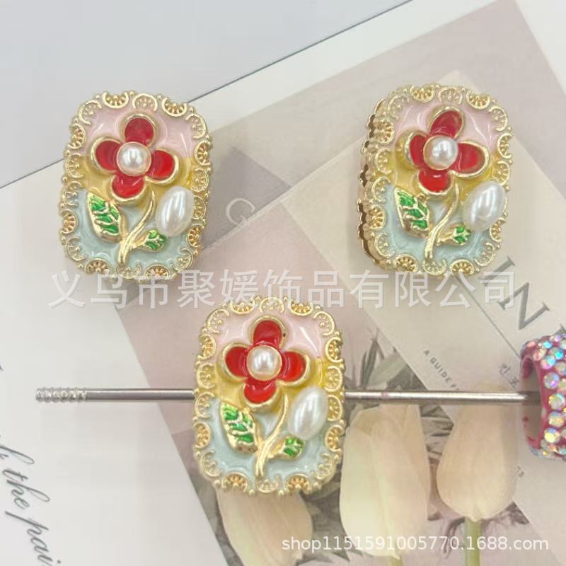 Wholesale 10pcs Oil painting style  flowers pearls beads