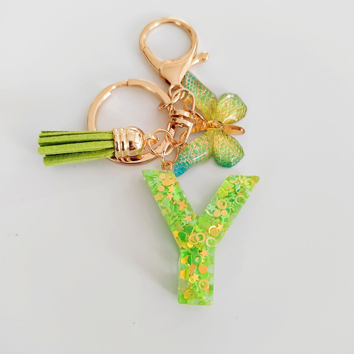Wholesale 26 English Alphabet Keychain Pendant Green Star Glitter Resin Pendant  Key Chain