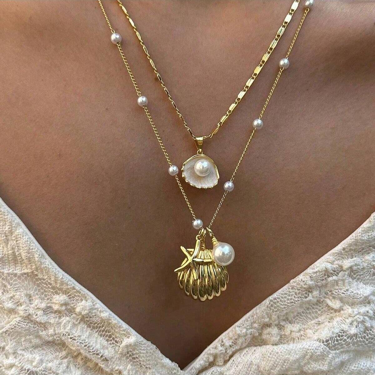 Wholesale Trendy Multi Layer Shell Starfish Necklace Beach Collarbone Chain Boutique Resale Jewelry Accessory