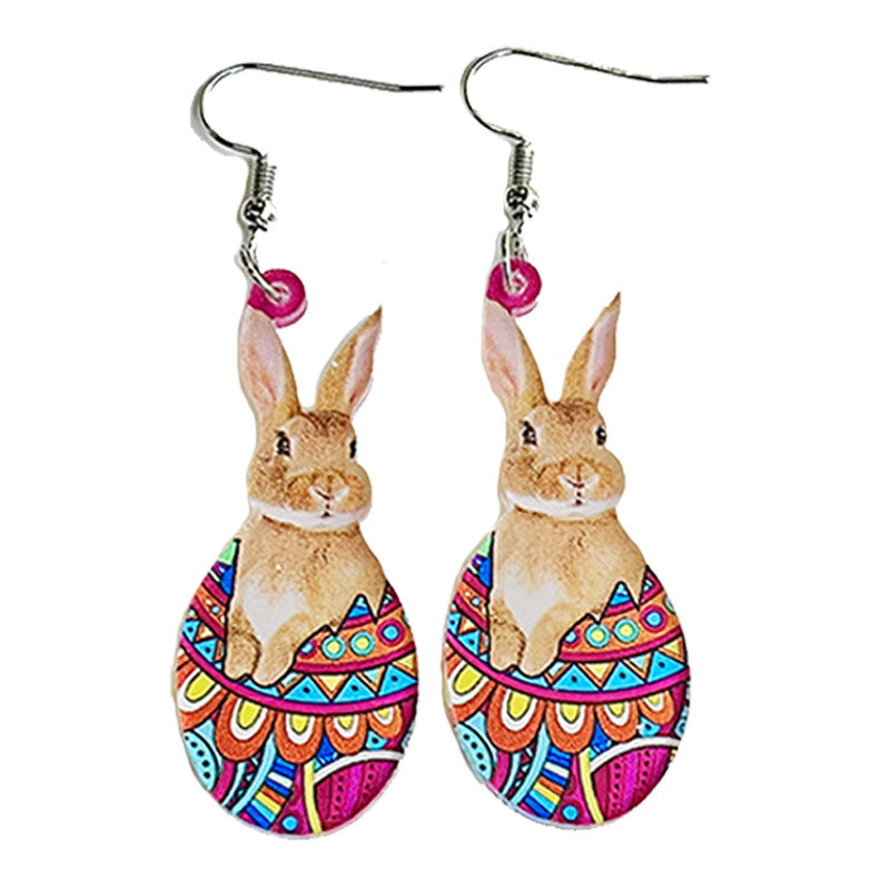 Wholesale Rabbit Flower Basket Cute Printed Easter Egg Chicken Spring Flower Earrings