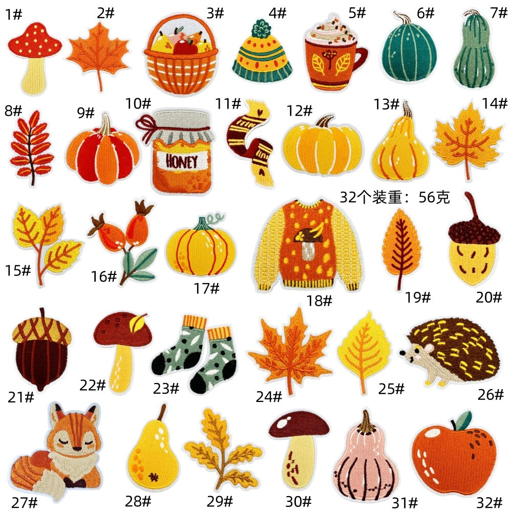Wholesale Cartoon Autumn Harvest Embroidered Patches Pumpkin Maple Leaf Honey Pot Party Applique Decorative Craft Supply For Clothing Resale