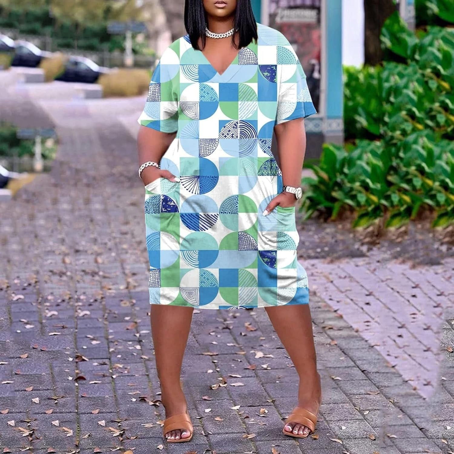 Wholesale Summer V Neck Short Sleeve Knee Pocket Printed Loose Dress