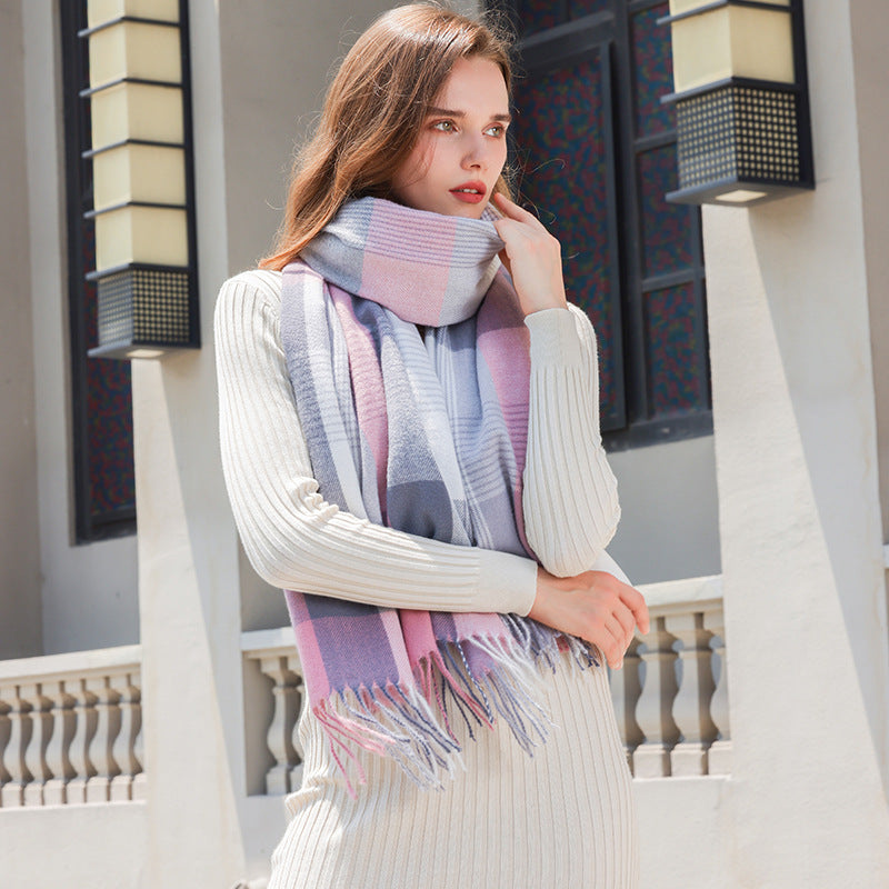 Wholesale Autumn and Winter Rainbow Contrast Plaid Tassel Imitation Cashmere Scarf