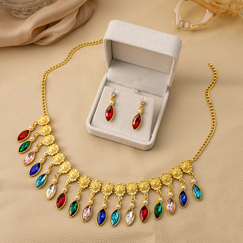 Wholesale Vintage Evening Dress Accessories Geometric Water Drop Necklace Diamond Pearl Earrings