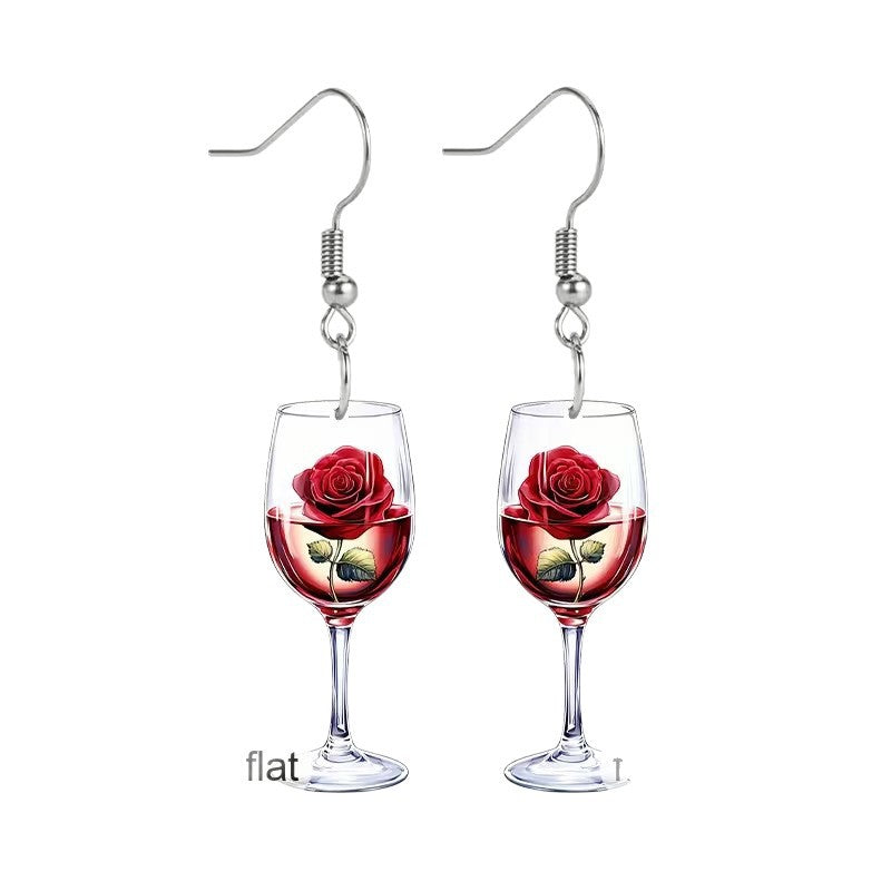 Wholesale Red wine glass and red rose earrings