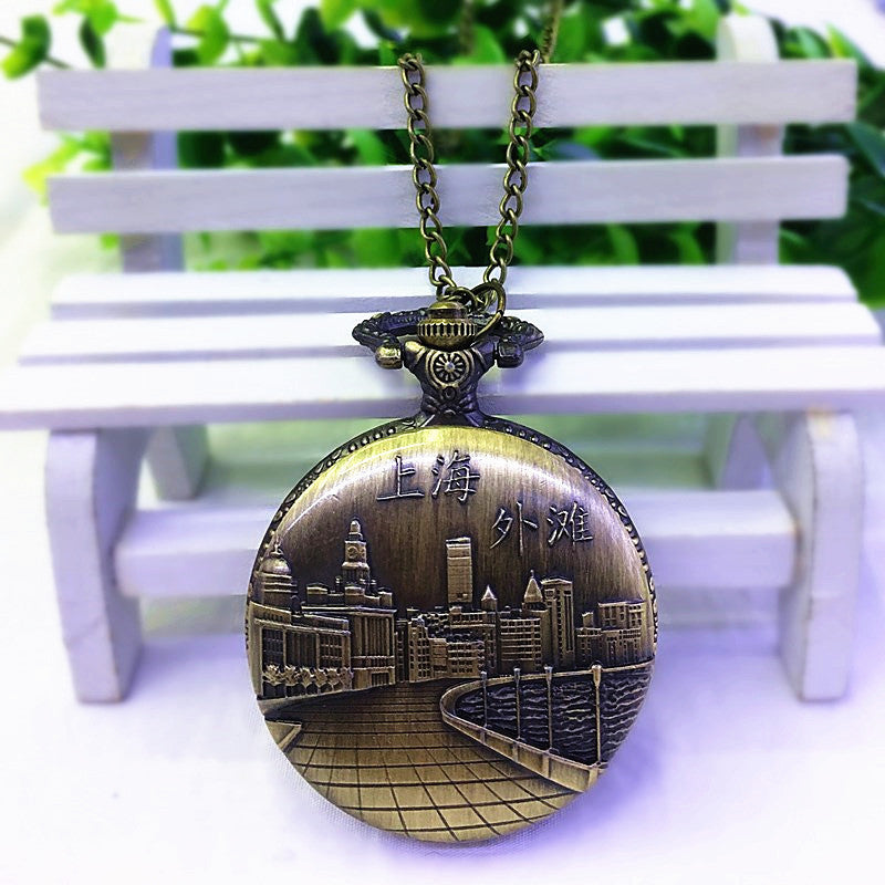 Wholesale 5pcs Flip back retro scenic spot commemorative pocket watch