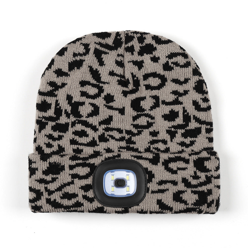 Wholesale Leopard Camo LED Knitted Hat USB Charging Warm Night Running Woolen Hat