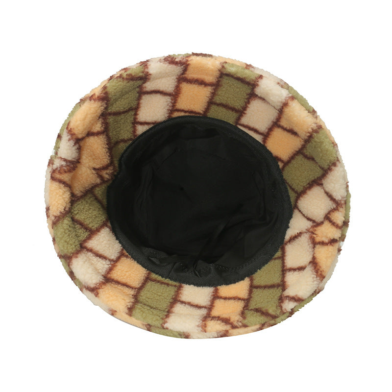 Wholesale 2023 Autumn and Winter Colorful Square Plaid Lamb Wool Bucket Hat