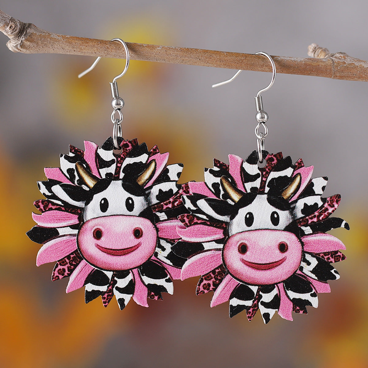 Wholesale Wooden Western Style Leopard Sunflower Cactus Drop Earrings Double Sided Printed Fashion Accessory Party Gift