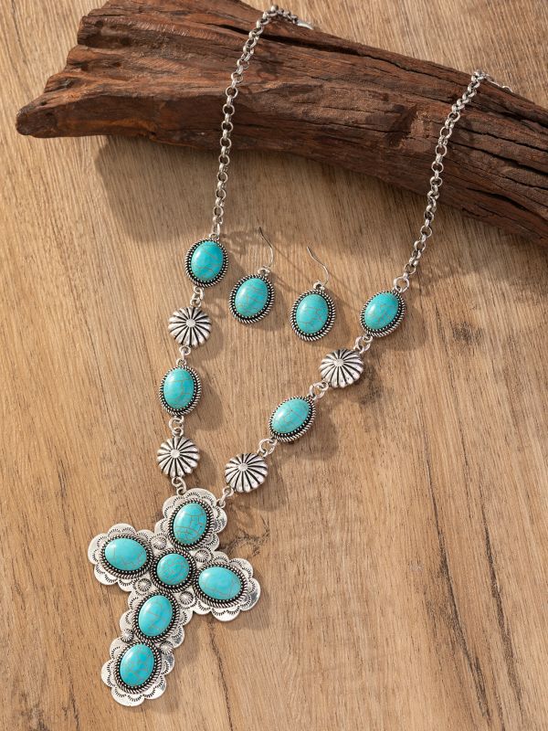 Wholesale Vintage Fashion Cross Turquoise Necklace Earrings