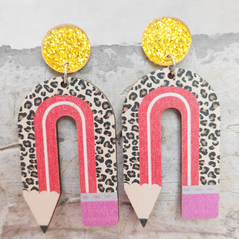 Wholesale 2 Pairs/Pack Wooden Printing Pencil U Shape Leopard Print Color Matching Earrings