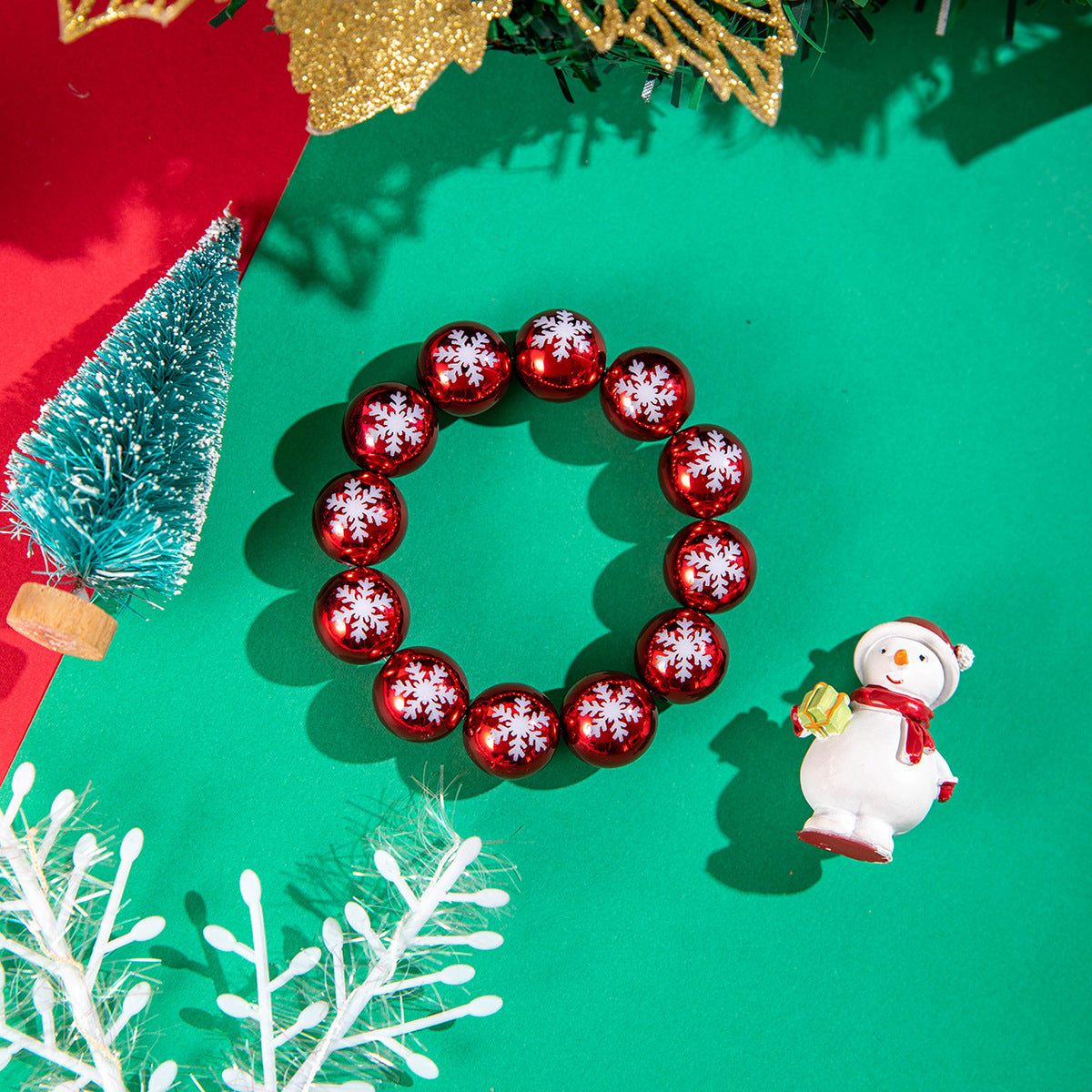 Wholesale Christmas Snowman Bell Print Resin Large Round Bead Elastic Bracelet