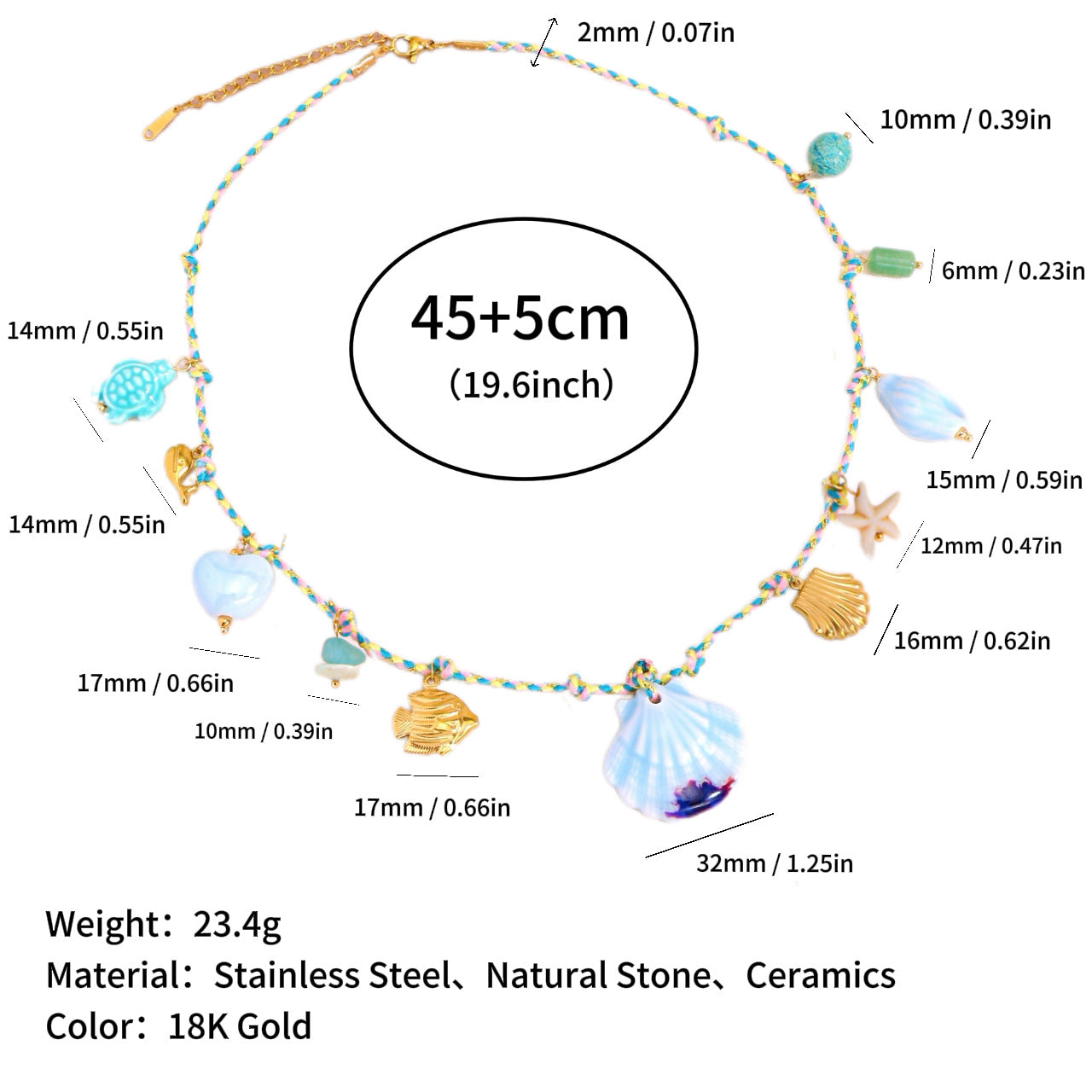 Wholesale Ocean Series Natural Stone Pendant Colorful Braided Necklace Titanium Steel Pendant