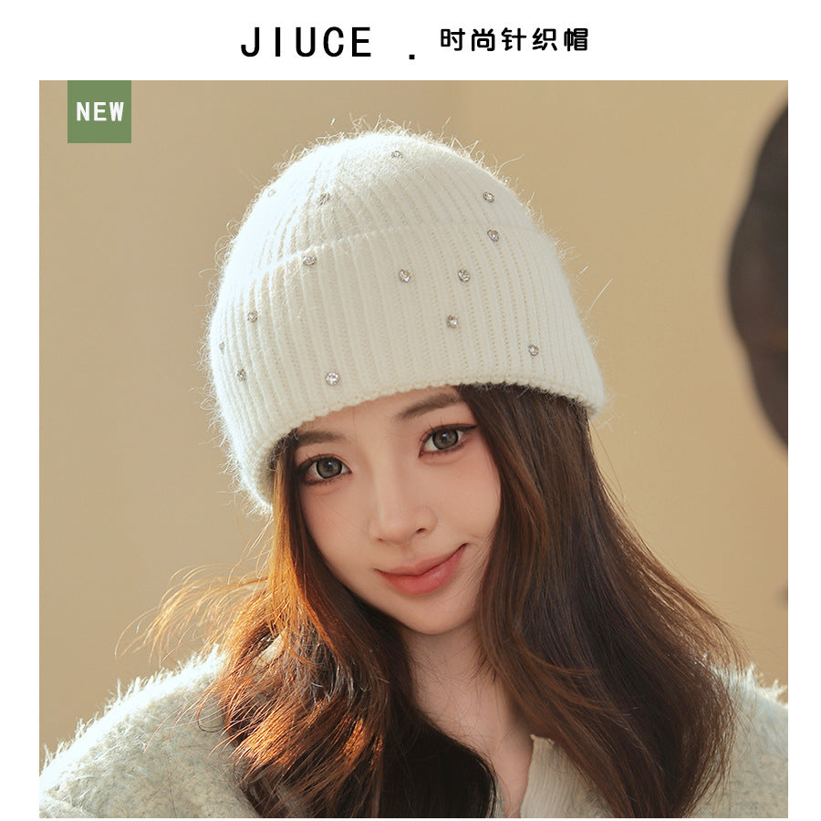 Wholesale Valentine's Day Winter Colorful Diamond Rabbit Fur Knitted Hat Thickened Warm Hat