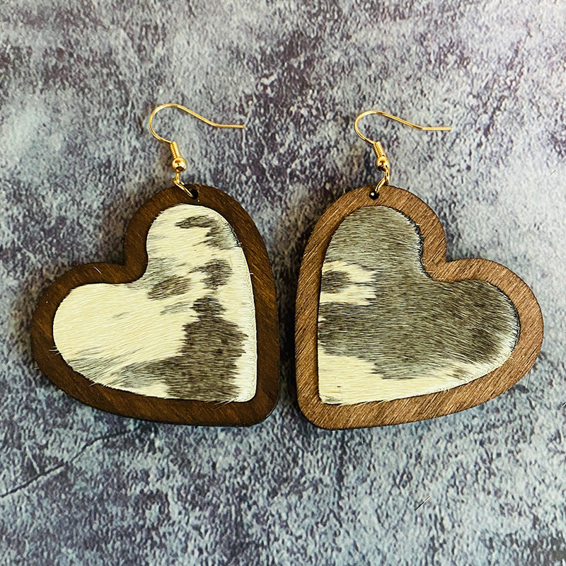 Wholesale Valentine's Day Genuine Leather Heart Leopard Print Horsehair Inlaid with Wooden Classic Retro Earrings
