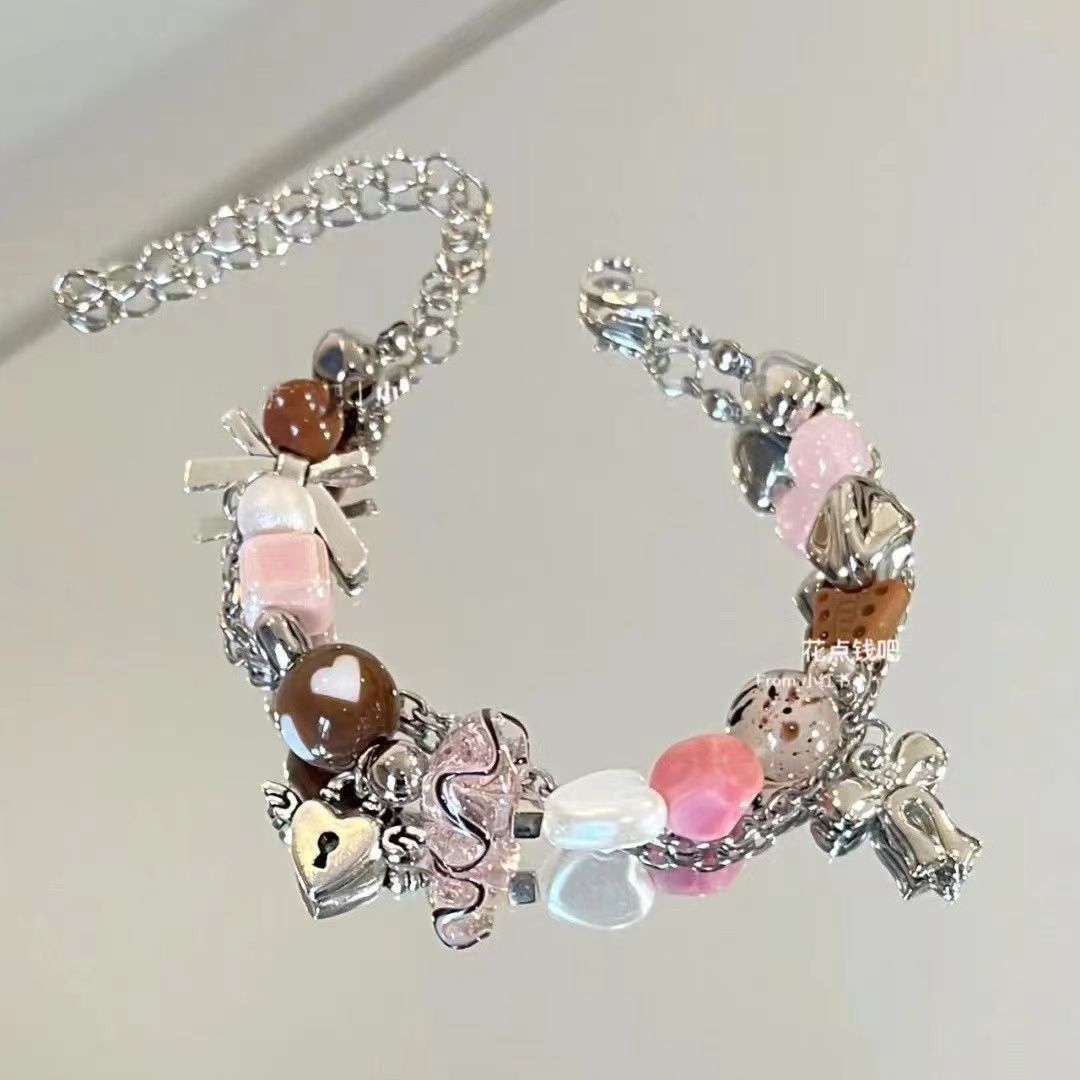 Wholesale Ice Translucent Color Heart Beaded Bow Bracelet