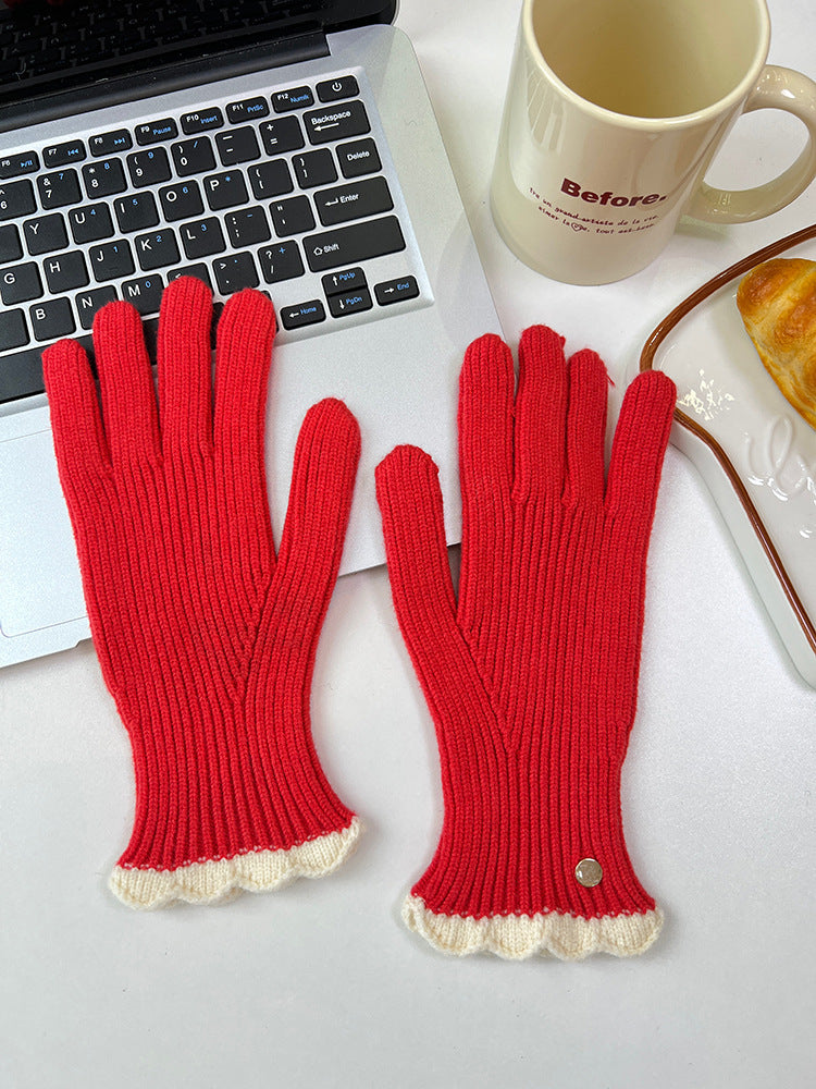 Wholesale Winter Warm Knitted Five-finger Touch Screen Lace Contrasting Color Woolen Gloves