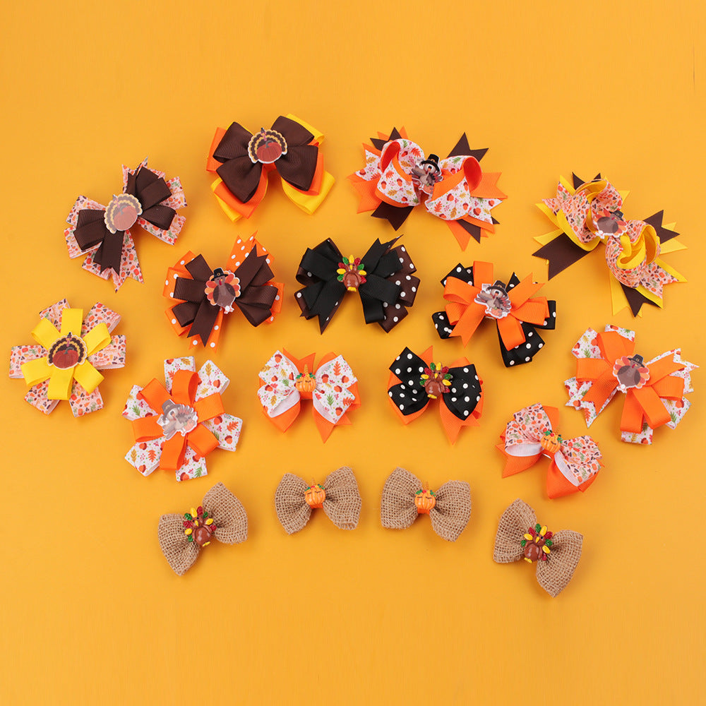 Wholesale 10pcs/pack Thanksgiving Children' s Bow Hairpin Point Small Turkey Accessories Headwear Rowan Ribbon