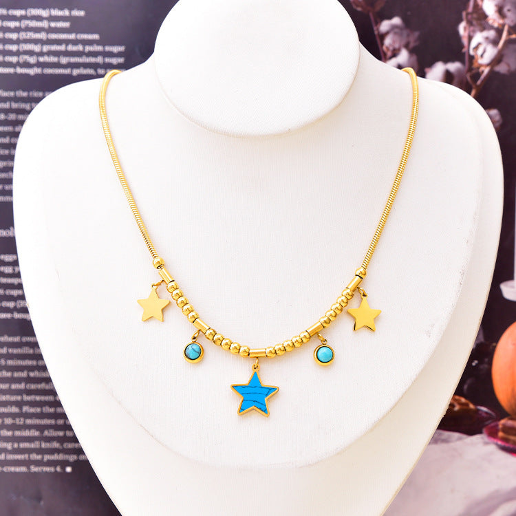 Wholesale Round Tube Five-pointed Star Necklace Turquoise Clavicle Pendant Long Tassel Earrings Bracelet Set