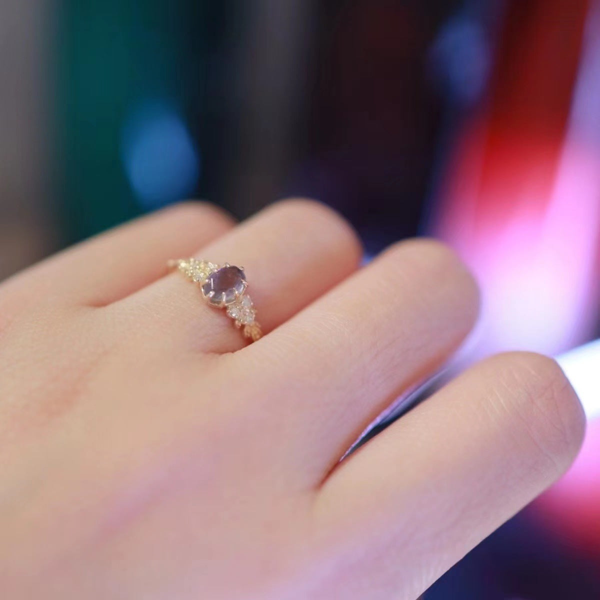 Wholesale Inlaid with natural iolite and labradorite hollow ring, happy olive leaf purple diamond and zircon ring