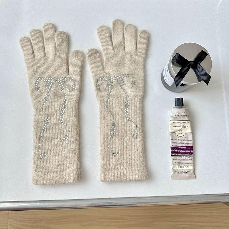 Wholesale Bright Diamond Bow Knit Long Touch Screen Warm Split Finger Gloves
